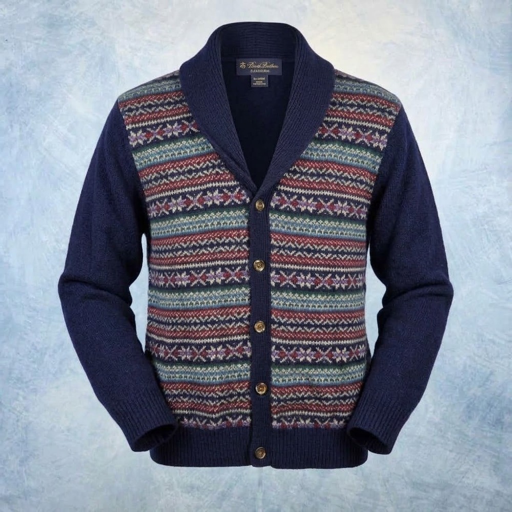 Brooks Brothers Mens XL Merino Wool Shawl Collar Fair Isle Cardigan Sweater Navy